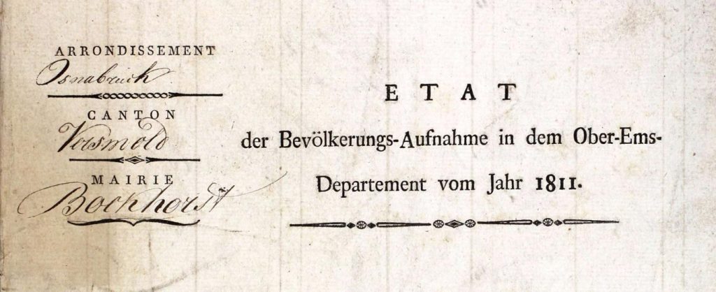 Deckblatt der Akte zur Volkszählung von 1811 in Bockhorst (Verwendung bedarf Genehmigung des Heimatvereins)